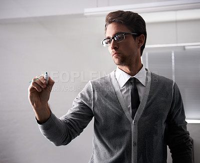 Buy stock photo Businessman, writing and glass with marker in workplace, brainstorming and planning with idea in office. Consultant, thinking or pen in problem solving, strategy or solution plan in corporate career