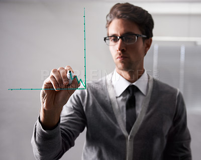 Buy stock photo Businessman, writing and glass with graph in office, brainstorming and planning with idea in workplace. Finance professional, thinking or pen in problem solving, chart or solution in corporate career