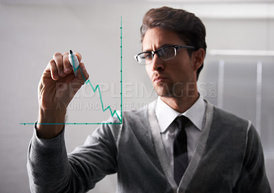 Buy stock photo Businessman, writing and screen with graph in office, brainstorming and planning by idea in workplace. Finance professional, thinking or pen in problem solving, chart or solution in corporate career