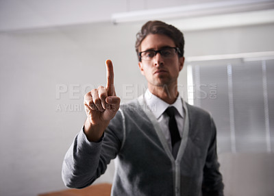 Buy stock photo Businessman, finger and virtual screen for futuristic technology with glasses and innovation in office. Invisible, vision and serious in thinking of professional and digital transformation or touch