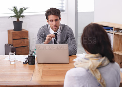 Buy stock photo Coworkers, laptop and office with interview, discussion and technology in workplace. Man, woman and businesspeople with manager, hiring or recruitment with conversation and  professional agency
