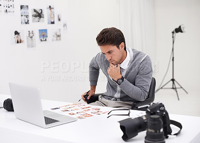 Buy stock photo Photographer, editing and thinking with computer in office with working with technology in process. Professional, editor and creative person with laptop and photoshoot results of cinematography