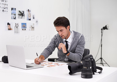 Buy stock photo Photographer, working and editing with computer in office with technology, software and thinking. Professional, editor and creative person learning on laptop with photoshoot results or cinematography