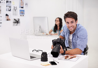 Buy stock photo Man, pictures and portrait with laptop, camera and lens for work, shoot and editing photographs. Professional, studio office and technology with creativity, internet and equipment for videography