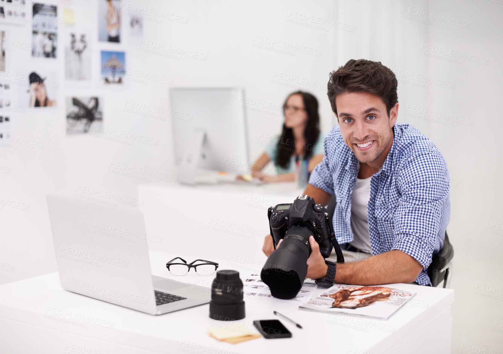 Buy stock photo Man, pictures and portrait with laptop, camera and lens for work, shoot and editing photographs. Professional, studio office and technology with creativity, internet and equipment for videography