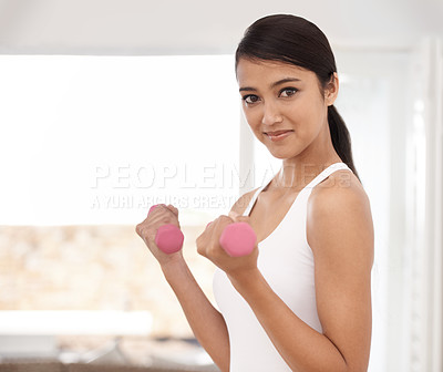 Buy stock photo Woman, dumbbell and portrait of home fitness with workout, wellness and exercise in living room with weights. Health, Indian female person and gym with training and healthy routine for athlete