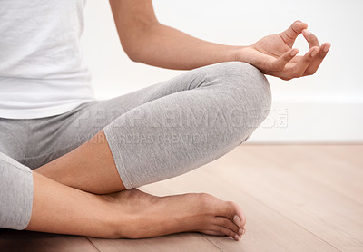 Buy stock photo Person hands, meditation and spiritual in a home with mockup space and chakra for balance and mindfulness. Morning, wellness care and zen in house on floor to relax for calm and peace in lotus pose
