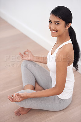 Buy stock photo Lotus, yoga and portrait of happy woman on the floor for exercise, healthy body or wellness. Smile, ardha padmasana pose and a person or girl at home for holistic physical activity, relax or fitness