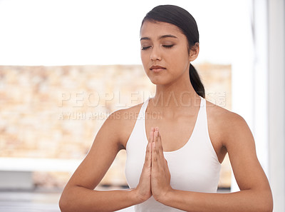 Buy stock photo Woman, prayer and meditation for yoga and mindfulness at home, fitness and health with healing and aura balance. Peace, calm and zen with young yogi, meditate for self care and wellness with workout