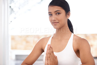 Buy stock photo Prayer hands, yoga and portrait of woman in home for pilates exercise, body health or wellness. Namaste pose, pranayama and a person or girl relax, physical activity or balance for fitness practice