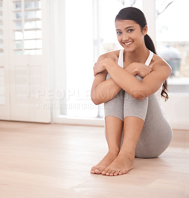 Buy stock photo Portrait, fitness and happy woman on the floor for exercise, yoga or pilates. Smile, healthy body and a young person or girl at home for physical activity, holistic wellness and relax alone in Brazil