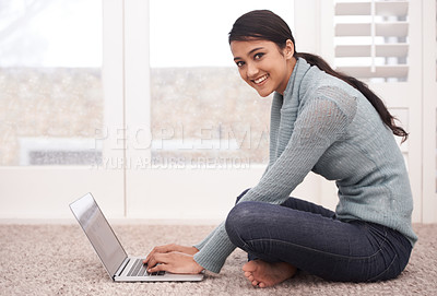 Buy stock photo Young, woman and laptop, student typing essay or assignment for college course and smile in portrait. Technology, email and connectivity, internet and research for education and learning at home