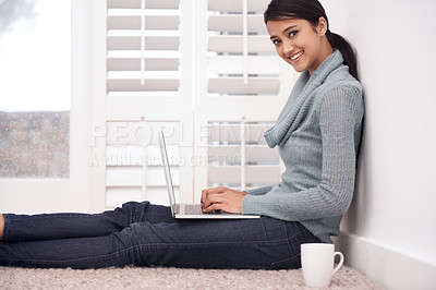 Buy stock photo Portrait of happy woman on floor with laptop, coffee and relax with studying, research and browse in living room. College student girl on carpet with computer, elearning and online education in home.