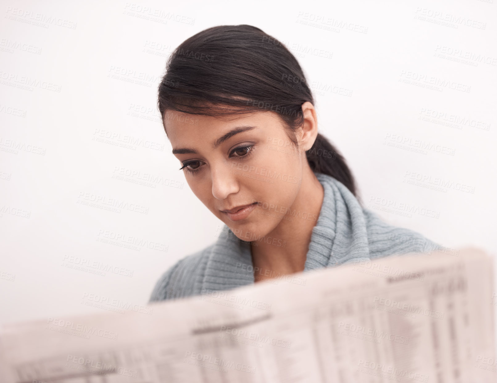 Buy stock photo Woman, reading and newspaper in a home in the morning with story, article and news. Relax, press print and calm female person from India with paper publication and media  in a house with information