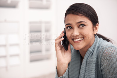 Buy stock photo Happy woman in bedroom with phone call, relax and communication with mobile connection in apartment. Gen z girl in bedroom with smile, talking on cellphone and conversation for networking in home.