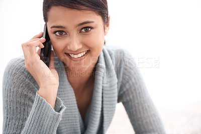 Buy stock photo Happy woman, portrait and phone call for communication, conversation or social media in networking at home. Face of young female person smile or talking on mobile smartphone for online chat on mockup