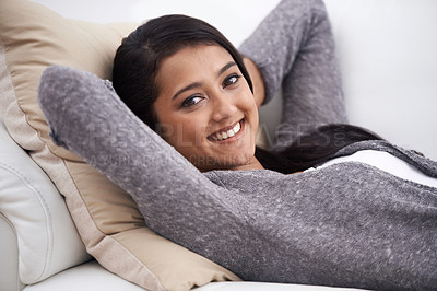 Buy stock photo Relax, woman and sofa with portrait, smile and happy from nap and rest in the morning at home. Living room, lounge and couch with a female person from India on a break with  peace and calm in house
