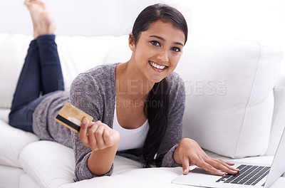 Buy stock photo Happy woman, portrait and credit card with laptop on sofa for online shopping, purchase or payment at home. Young female person smile with debit in relax on computer for ecommerce, fintech or banking