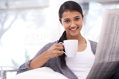 Buy stock photo Woman, portrait and newspaper in a home in the morning with story, article and news. Relax, student press print and calm happy person from India with paper publication in a house with information