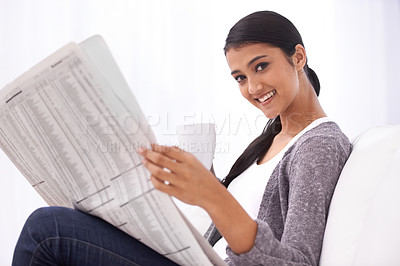 Buy stock photo Woman, reading portrait and newspaper in a home in the morning with story, article and news. Relax, press print and calm student from India with paper publication and media in house with information