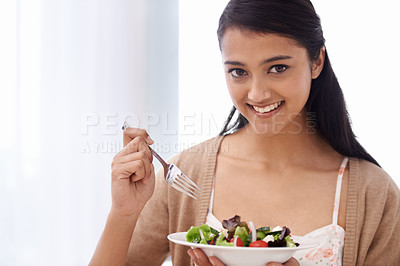 Buy stock photo Happy woman, portrait and salad bowl for diet, nutrition or health with natural snack at home. Face of female person smile for mixed vegetables, vitamins or eating meal in weight loss or breakfast