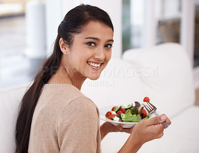 Buy stock photo Happy woman, portrait and salad bowl for diet, nutrition or healthy snack sitting on sofa at home. Face of female person smile in relax with mixed vegetables, vitamin or meal for weight loss at house