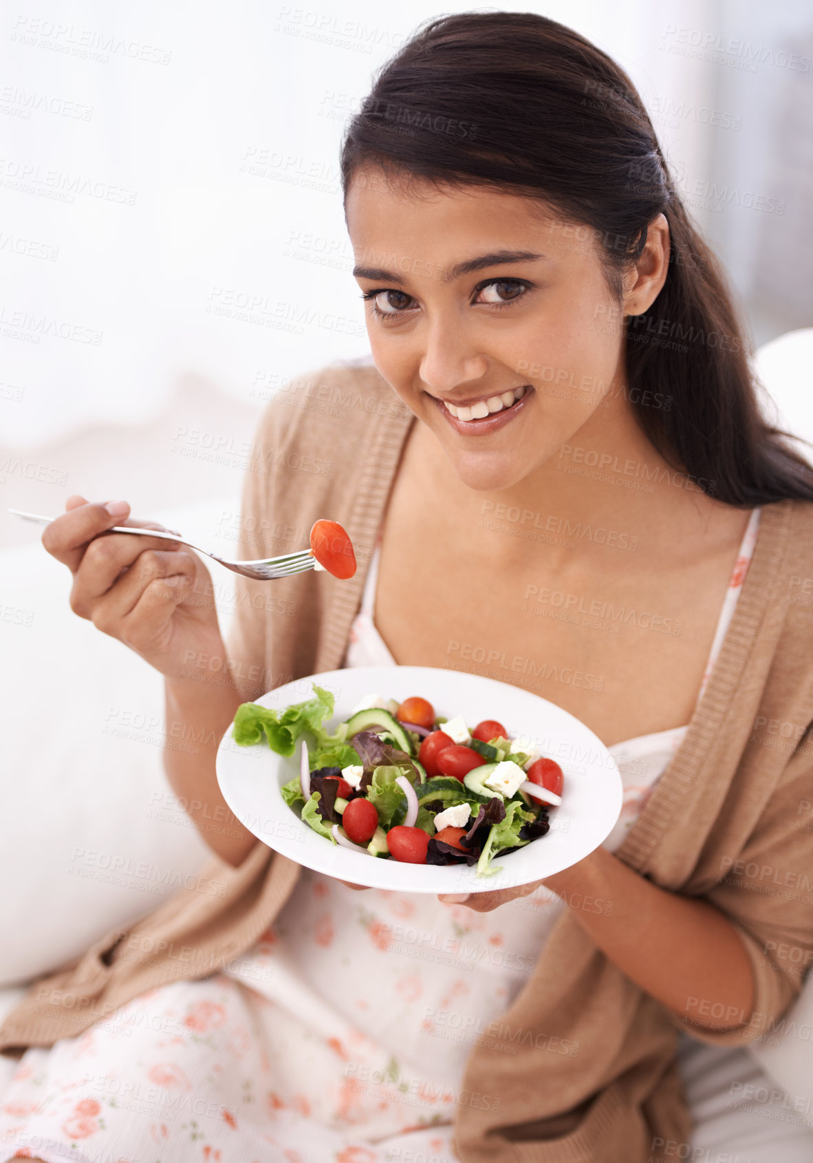 Buy stock photo Happy woman, portrait and eating salad bowl on sofa for diet, nutrition or healthy snack at home. Face of female person smile in relax with mixed vegetables, vitamins or meal for weight loss at house