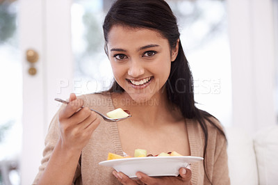 Buy stock photo Happy woman, portrait and bowl of fruit salad for vitamin C, nutrition or healthy snack at home. Face of young female person, nutritionist or vegan smile for eating breakfast, diet or meal at house