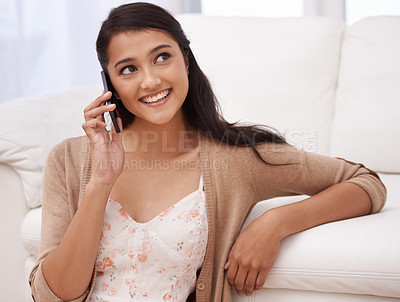 Buy stock photo Girl on couch with phone call, relax and discussion with mobile connection in apartment. Happy woman in conversation on sofa with smile, talking on cellphone and communication for networking in home.