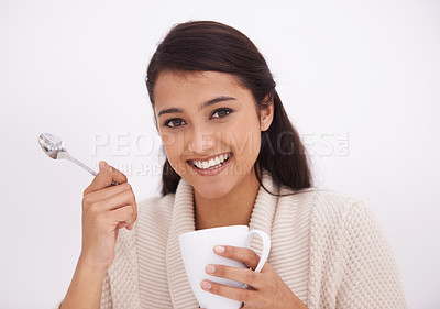 Buy stock photo Woman, coffee and portrait in a home with smile in the morning from hot drink and cup. Lounge, happy and relax Indian female person with espresso or tea in a house ready to start the day with a mug