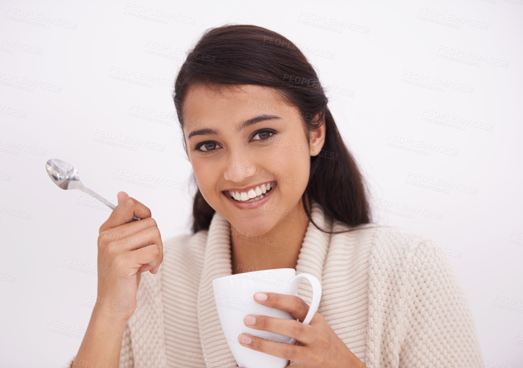 Buy stock photo Woman, coffee and portrait in a home with smile in the morning from hot drink and cup. Lounge, happy and relax Indian female person with espresso or tea in a house ready to start the day with a mug