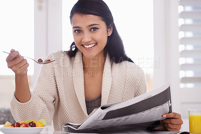 Buy stock photo Breakfast, newspaper and portrait of woman with fruit salad and juice for nutrition, wellness and reading news. Morning, happy and person with drink, food and snack for detox, vitamins and health