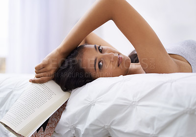 Buy stock photo Woman, bed and book portrait in the morning with reading and relax in a home with a smile. Indian female person, bedroom and wake up on duvet with peace and calm in a house on a blanket with comfort