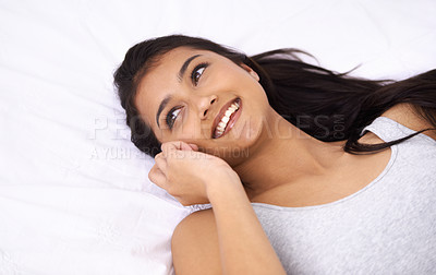 Buy stock photo Woman, peace and happy relaxing in bedroom, wake up and satisfaction for wellness at home. Female person, calm and weekend in apartment bed, lazy and resting or comfortable and smile in morning