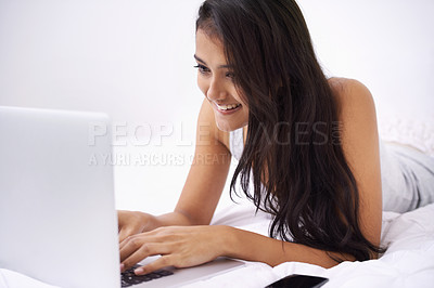 Buy stock photo Woman, laptop and relax on bed for planning, search on website and registration for home education or e learning. Happy person or student in bedroom with computer for online streaming or social media