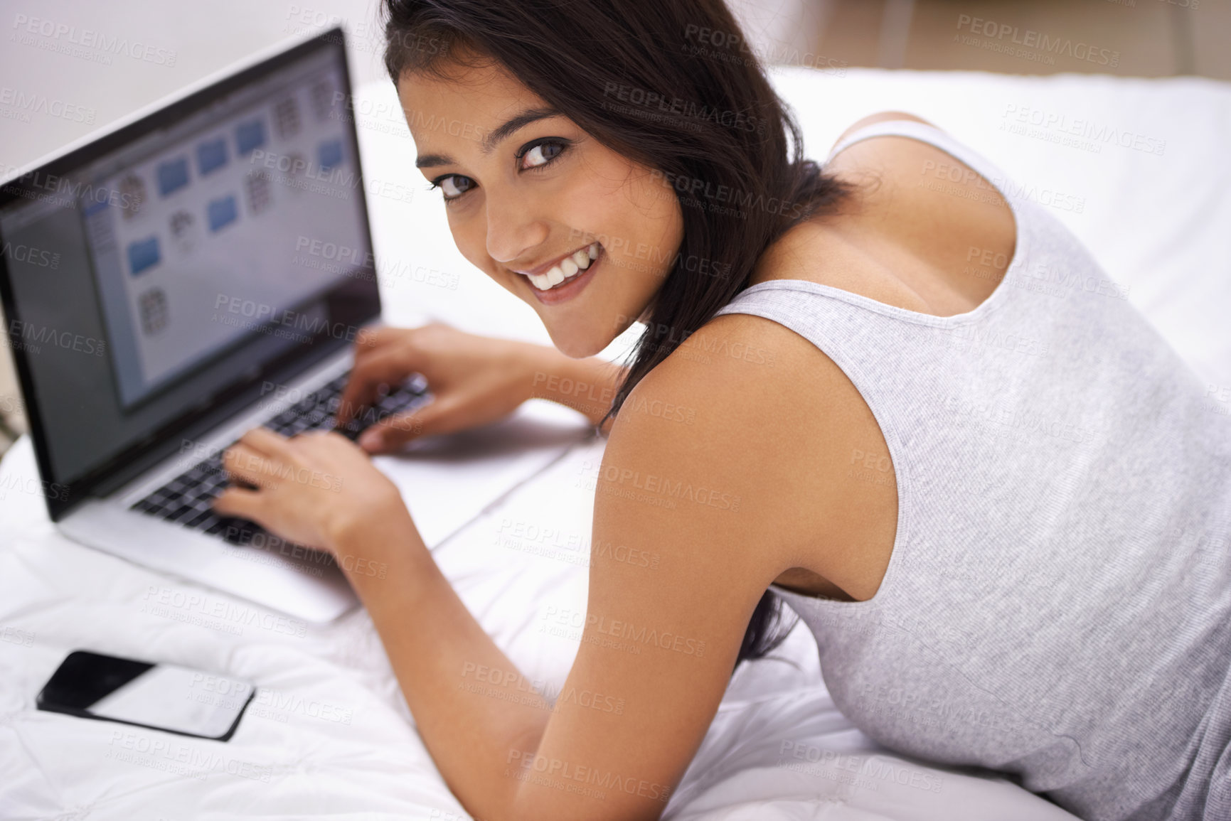 Buy stock photo Portrait, home and woman with a laptop, internet and connection with computer, pc and technology. Face, person and girl in a bedroom, smile and website info with daily blog, network and digital app