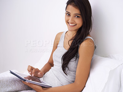 Buy stock photo Portrait, home and woman with a tablet, smile and internet with connection, social media and daily online blog. Face, person or girl with technology, email or website info with network or digital app