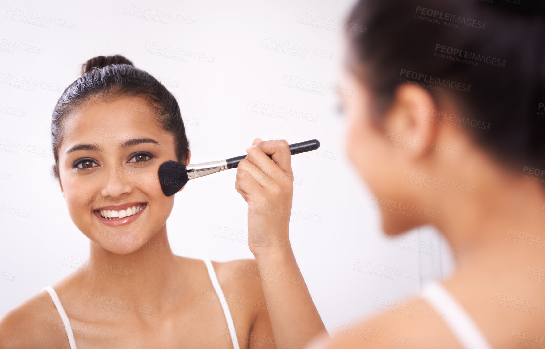 Buy stock photo Happy woman, portrait and makeup brush in mirror for cosmetics, grooming or beauty in bathroom at home. Female person smile or applying foundation, blush or contour for facial treatment in reflection