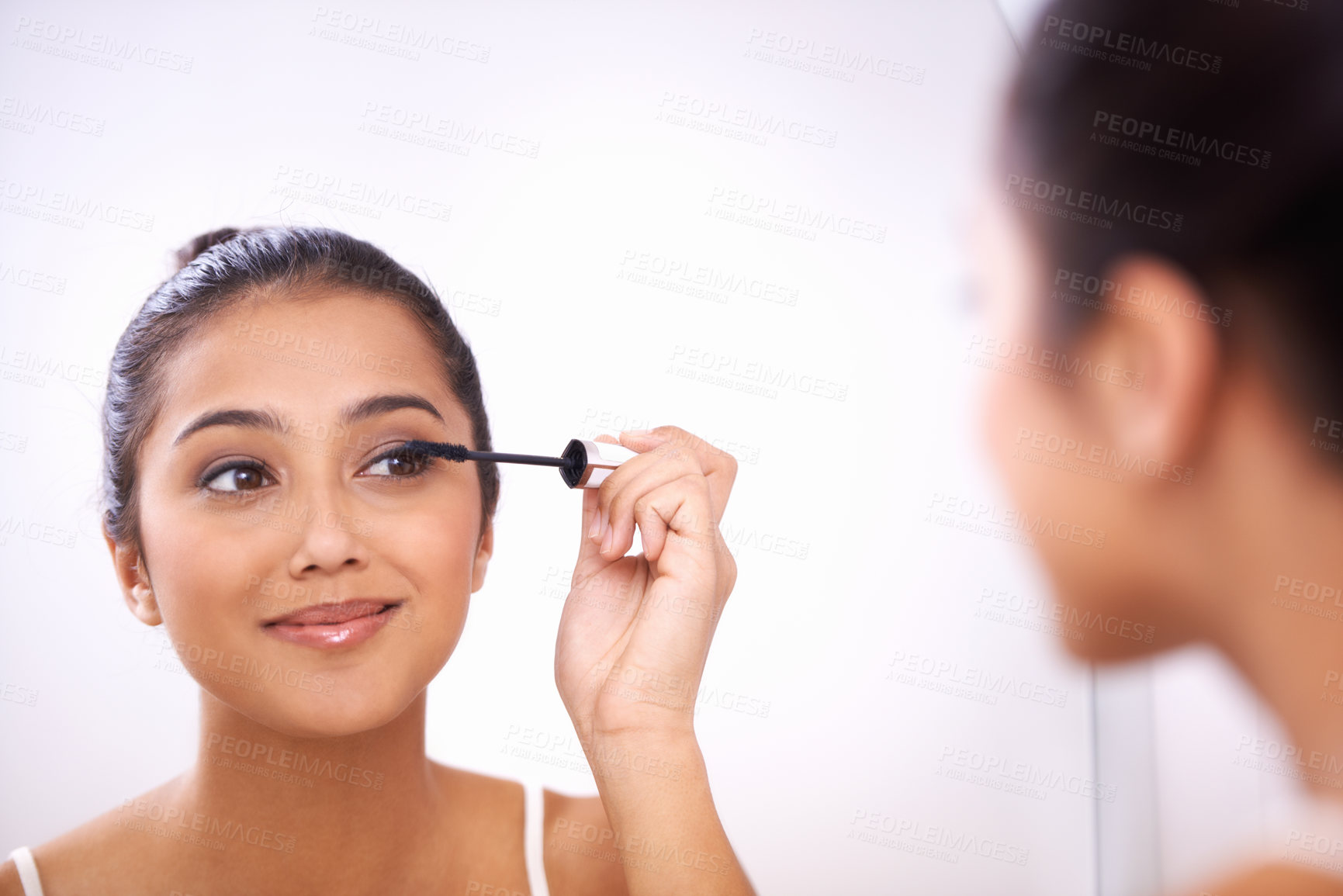 Buy stock photo Woman, mascara wand and beauty in mirror, skincare and application of cosmetics for grooming. Female person, dermatology and transformation in bathroom, eyelash and brush or tool for makeup product