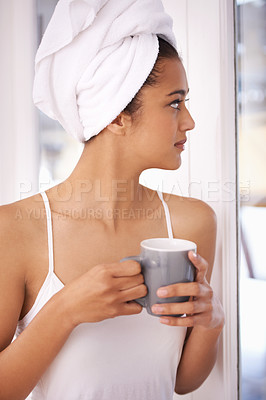 Buy stock photo Woman, coffee and thinking in a home with nostalgia in the morning from hot drink and towel. Lounge, idea and relax Indian female person with espresso or tea in house ready to start the day at window
