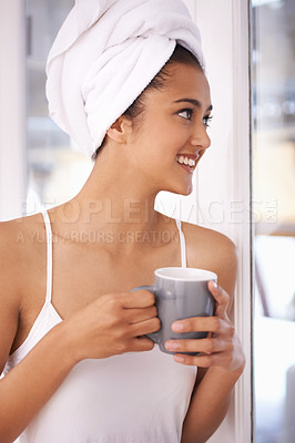 Buy stock photo Woman, coffee and window in a home with smile in the morning from hot drink and cup. Lounge, happy and relax Indian female person with espresso or tea in a house ready to start the day with a mug