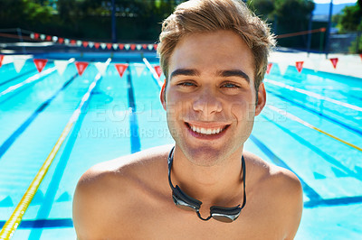Buy stock photo Man, swimming pool and portrait for sport with smile, workout and exercise for wellness, health and fitness. Swimmer, athlete or person by water for game, contest or happy for competition in summer