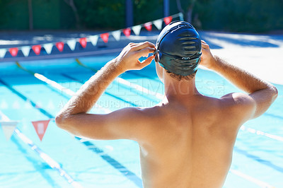Buy stock photo Swimming, pool and back of sports man ready for exercise, outdoor workout or training practice for competition. Sunshine, athlete and back of swimmer to start challenge, cardio or fitness performance