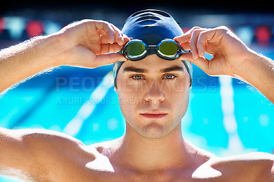 Buy stock photo Man, swimming pool and ready in portrait with goggles, cap or sports with exercise for wellness, health or fitness. Swimmer, athlete or person by water for race, contest or workout at games in summer