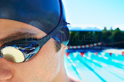 Buy stock photo Swimming goggles, sports and face of man ready for exercise, outdoor workout or training for summer contest. Swimwear, mockup space and swimmer for waterpolo competition, fitness or cardio in pool