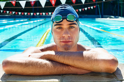 Buy stock photo Man, swimming pool edge and rest in portrait for sport, exercise or wellness with arms crossed for fitness. Swimmer, athlete or person in water for games, contest or workout in summer for competition