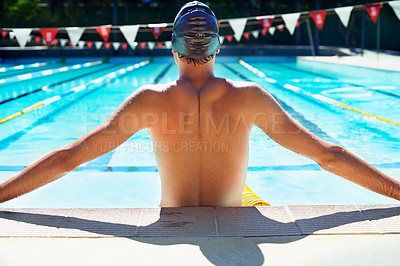 Buy stock photo Swimming, water and sports man for pool exercise, outdoor workout or practice for race contest. Aqua, physical activity and back of competitive swimmer ready for waterpolo, fitness or summer cardio