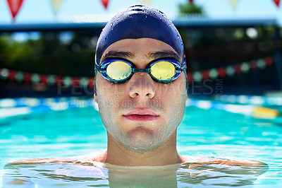 Buy stock photo Swimming pool, goggles and sports man face for water exercise, outdoor practice or aqua workout for race competition. Swimwear, wellness or wet swimmer relax after waterpolo, fitness or summer cardio