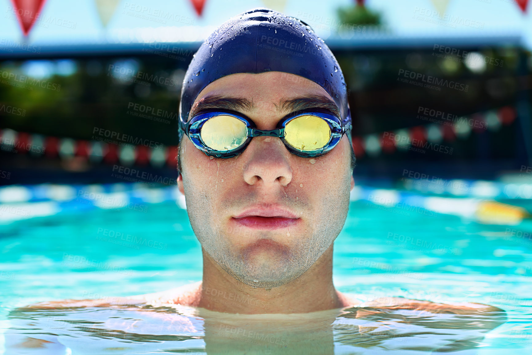 Buy stock photo Swimming pool, goggles and sports man face for water exercise, outdoor practice or aqua workout for race competition. Swimwear, wellness or wet swimmer relax after waterpolo, fitness or summer cardio