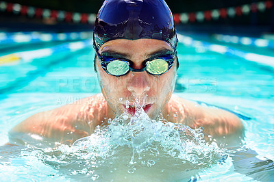 Buy stock photo Athlete man, swimming pool and sport with splash, speed or exercise for wellness, health or fitness. Swimmer, closeup and person in water for training, contest or workout with goggles in summer games